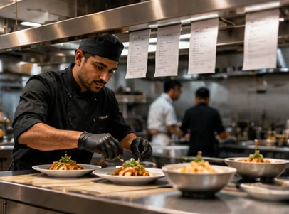 Chef preparing meals in a professional restaurant kitchen (illustrative photography)