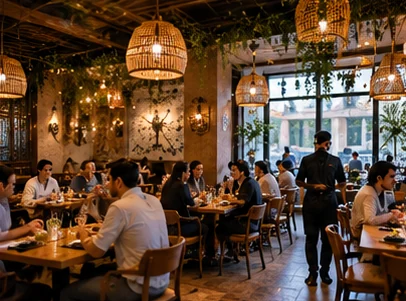 Guests dining in a warmly lit restaurant (illustrative photography)