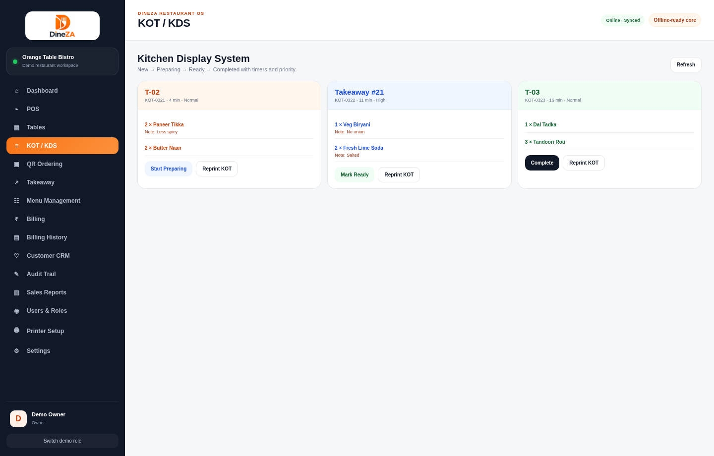 DINEZA demo: Kitchen display with order states