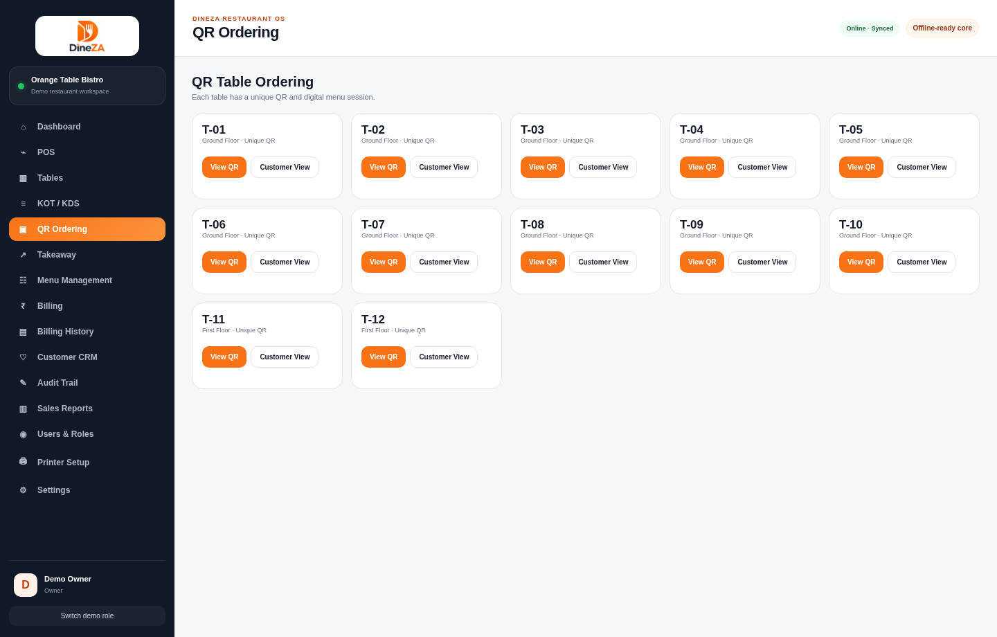 DINEZA demo: QR table ordering